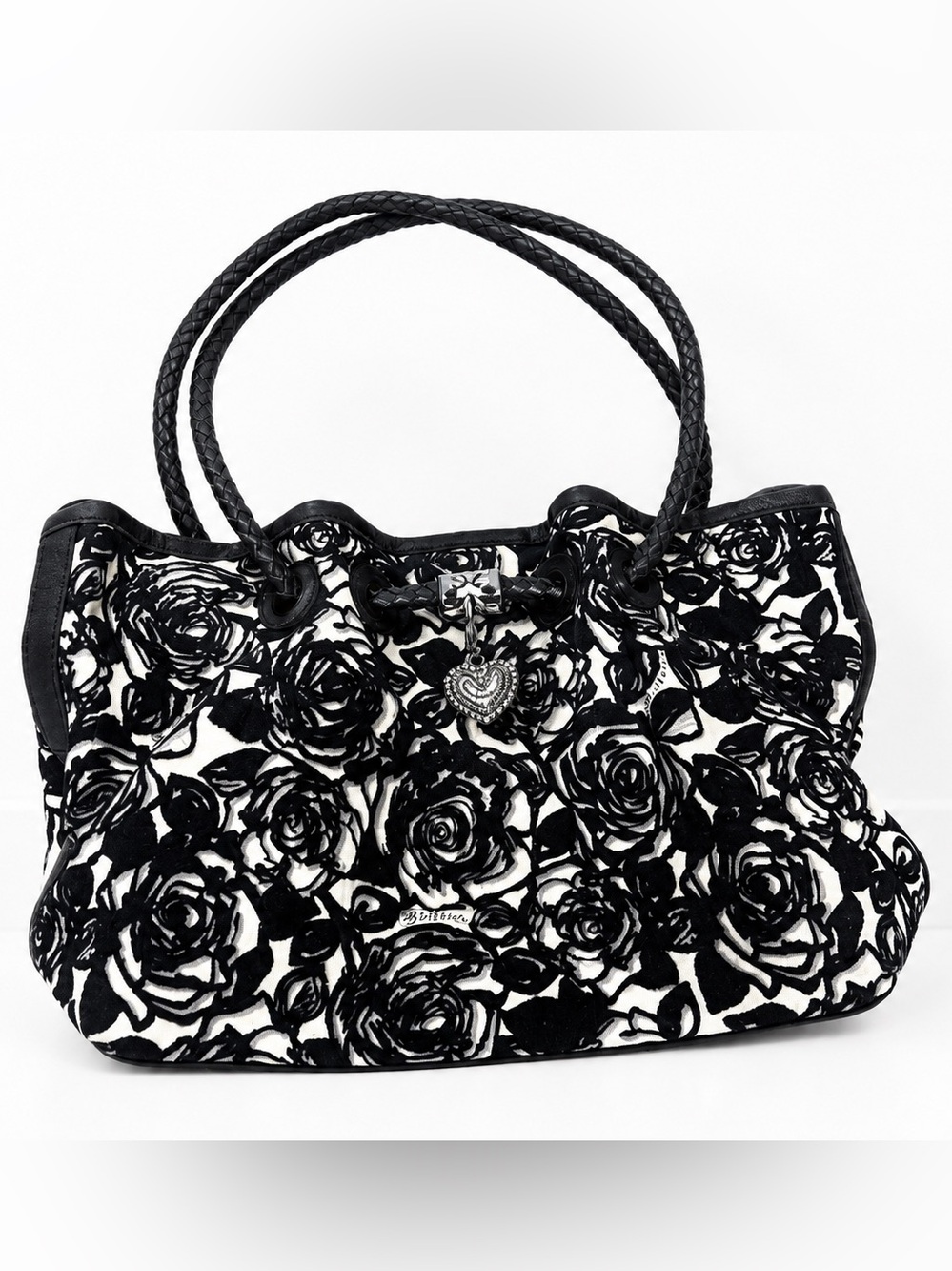 Brighton Black & White Floral Tote Shoulder Bag Heart Charm  Purse